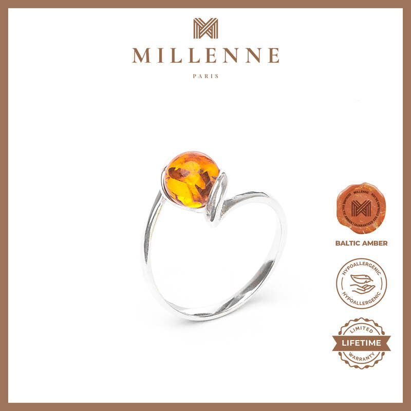 MILLENNE Multifaceted Baltic Amber Globe Silver Ring with 925 Sterling Silver