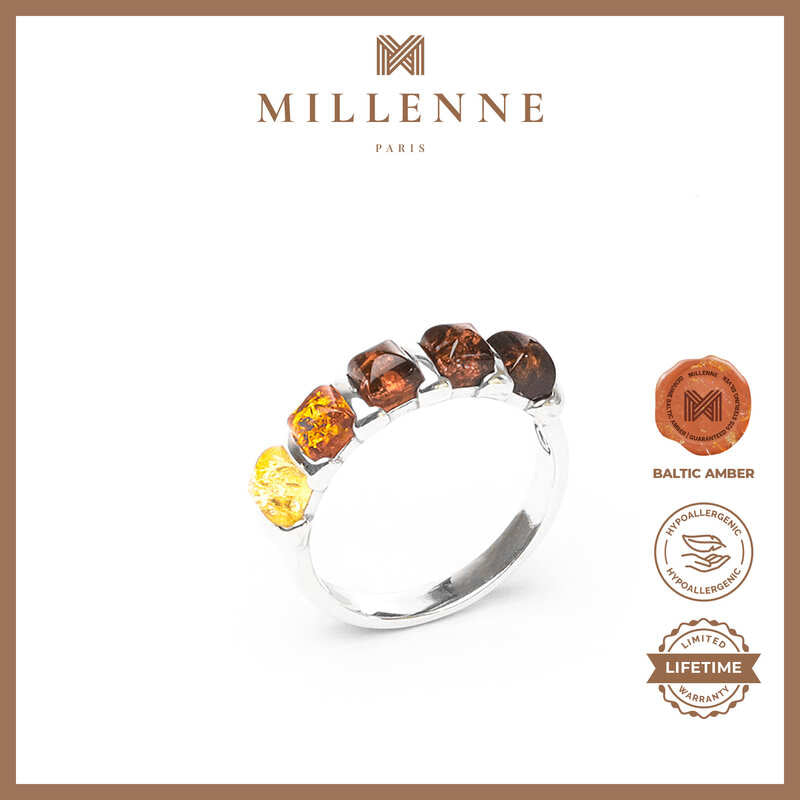 MILLENNE Multifaceted Baltic Amber Bamboo Silver Ring with 925 Sterling Silver