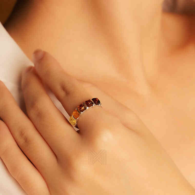 MILLENNE Multifaceted Baltic Amber Bamboo Silver Ring with 925 Sterling Silver