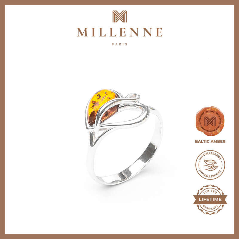 MILLENNE Multifaceted Baltic Amber Half-Face Silver Ring with 925 Sterling Silver
