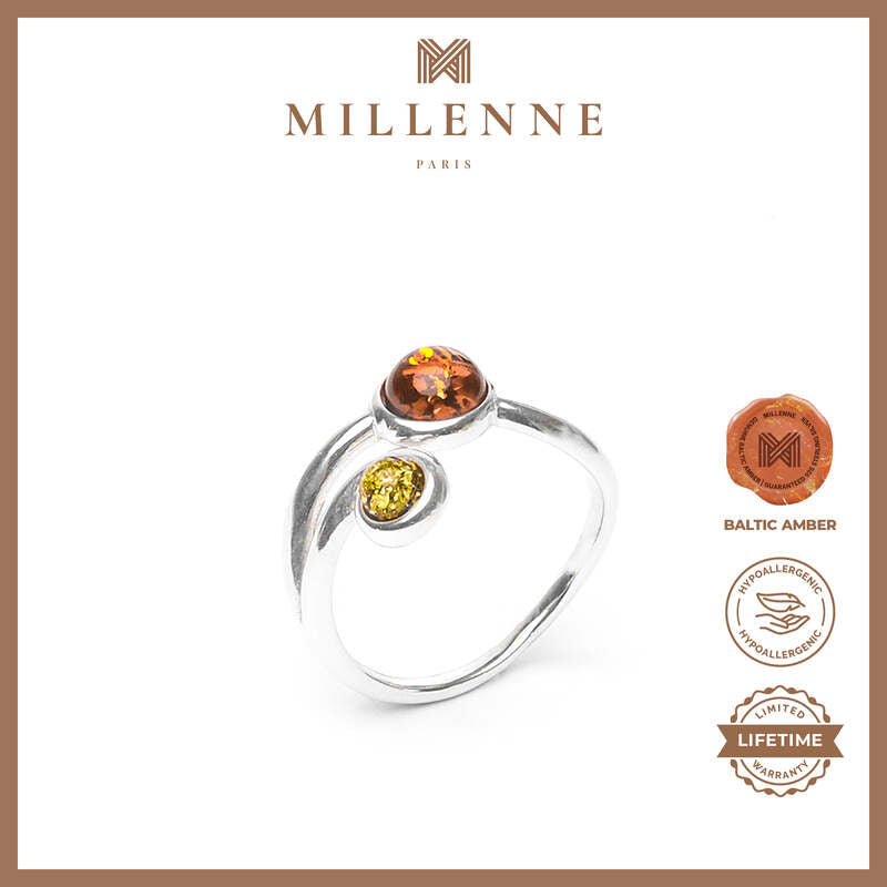 MILLENNE Multifaceted Baltic Amber Double Curve Silver Ring with 925 Sterling Silver