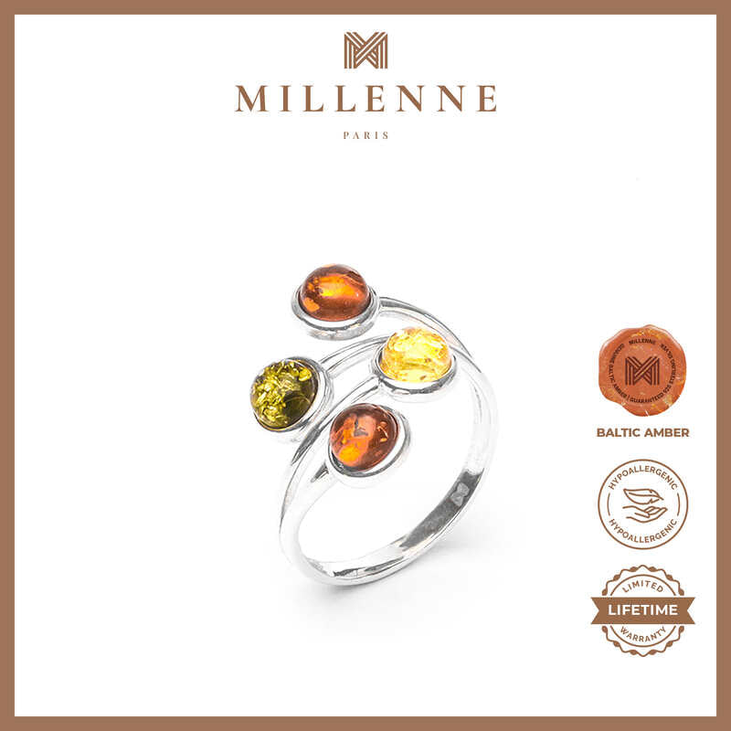 MILLENNE Multifaceted Baltic Amber Four Stone Statement Silver Ring with 925 Sterling Silver