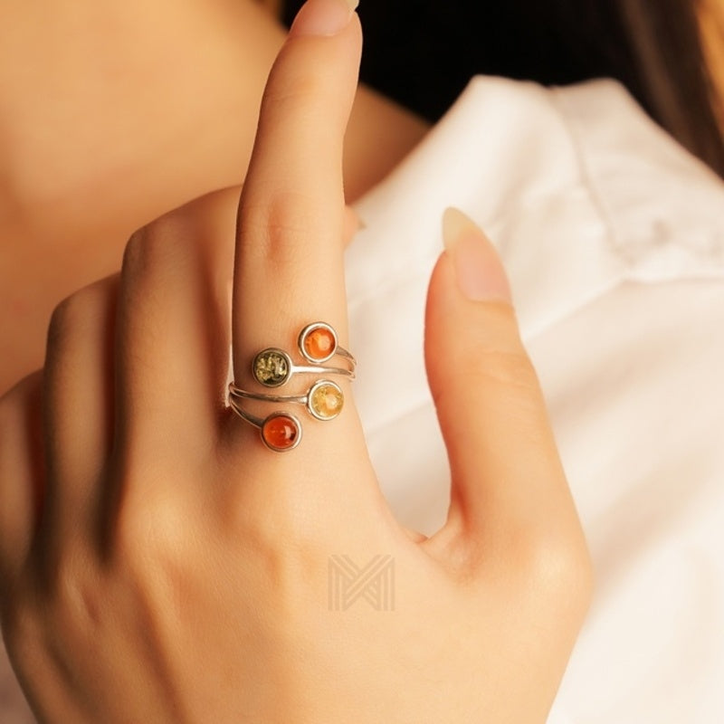 MILLENNE Multifaceted Baltic Amber Four Stone Statement Silver Ring with 925 Sterling Silver