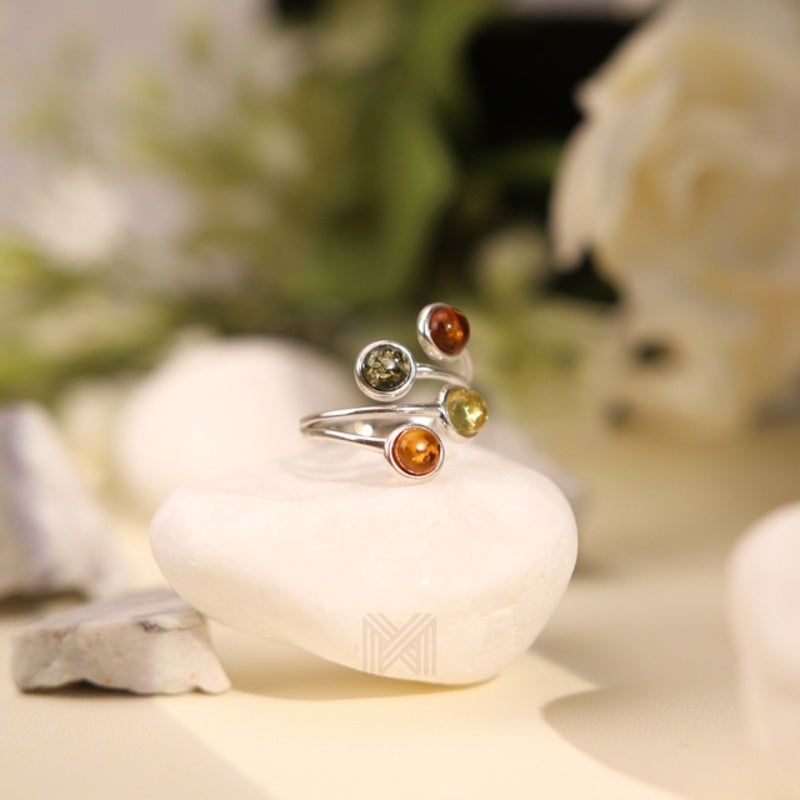 MILLENNE Multifaceted Baltic Amber Four Stone Statement Silver Ring with 925 Sterling Silver