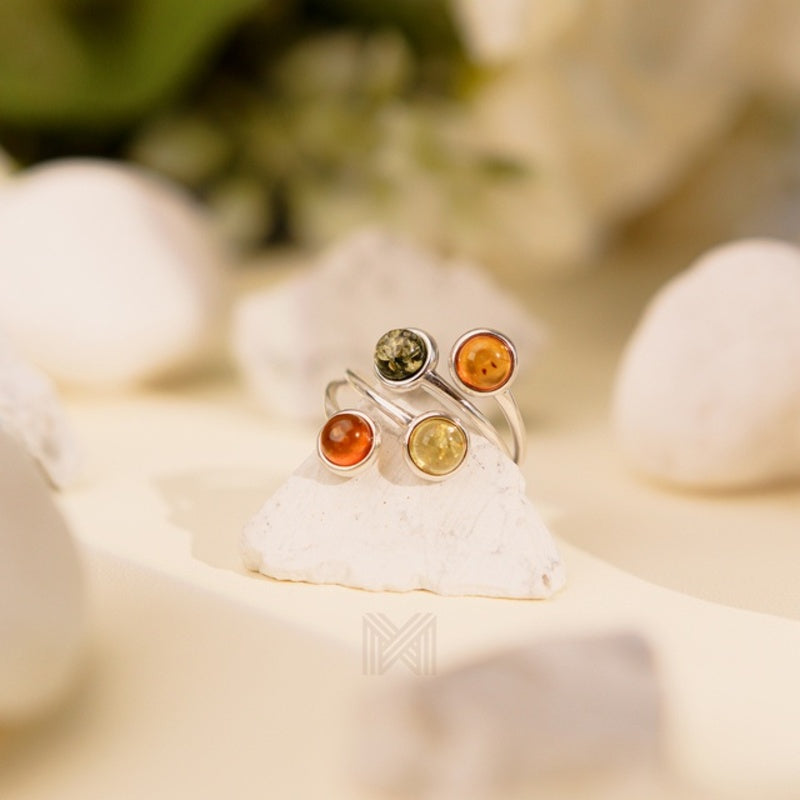 MILLENNE Multifaceted Baltic Amber Four Stone Statement Silver Ring with 925 Sterling Silver