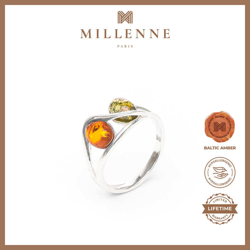 MILLENNE Multifaceted Baltic Amber Double Oval Silver Ring with 925 Sterling Silver
