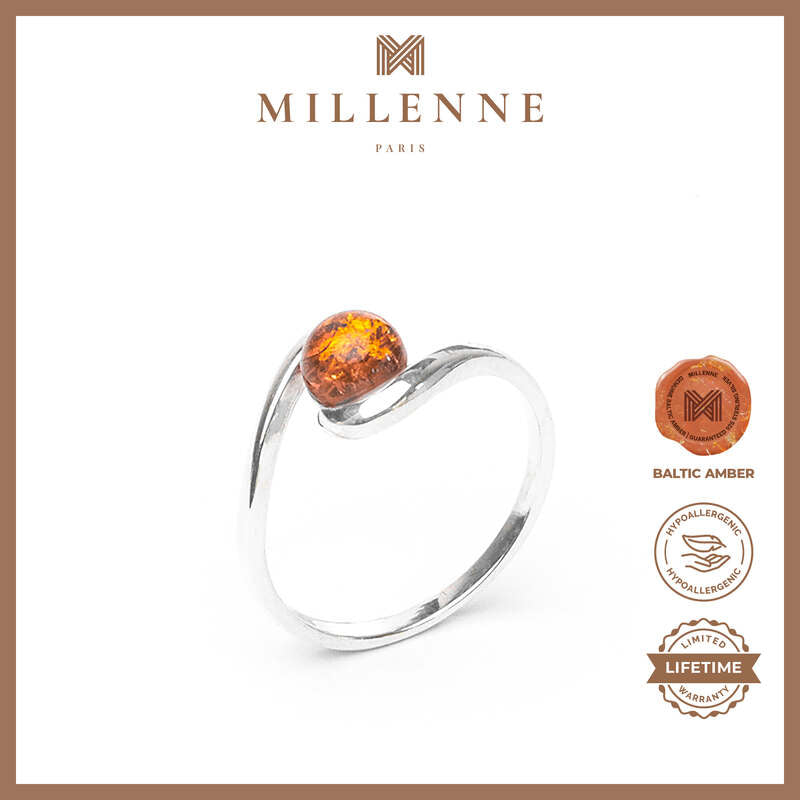 MILLENNE Multifaceted Baltic Amber Bead Silver Ring with 925 Sterling Silver