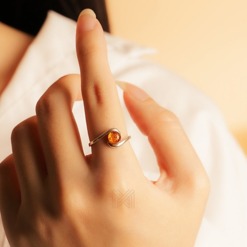 MILLENNE Multifaceted Baltic Amber Bead Silver Ring with 925 Sterling Silver