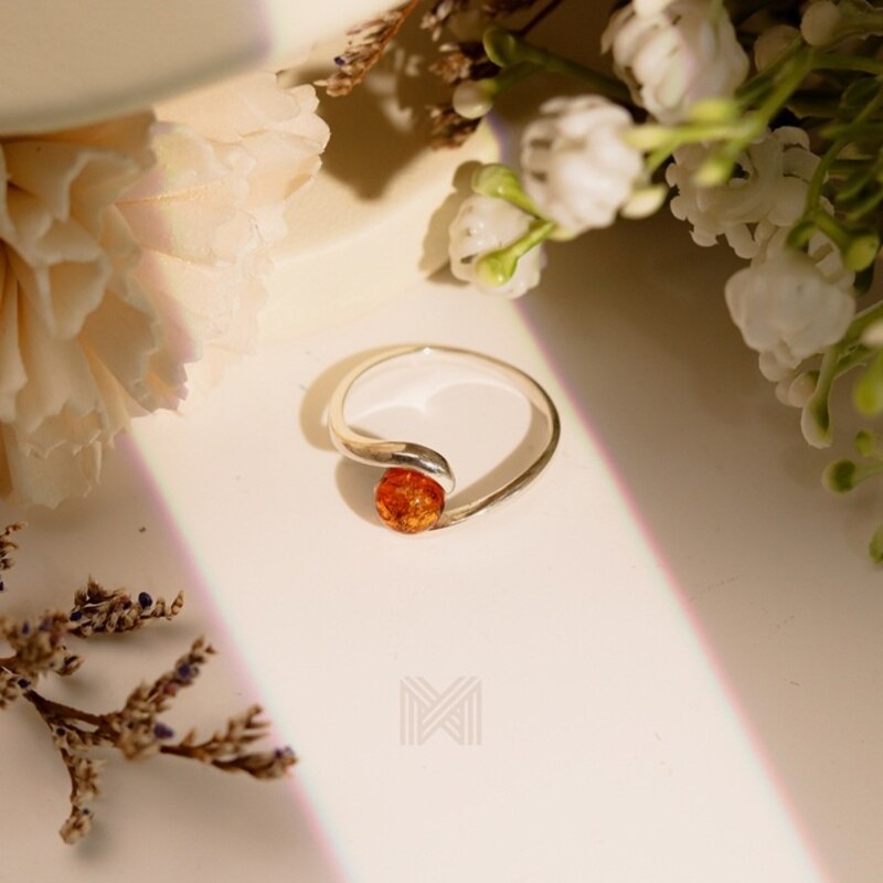 MILLENNE Multifaceted Baltic Amber Bead Silver Ring with 925 Sterling Silver