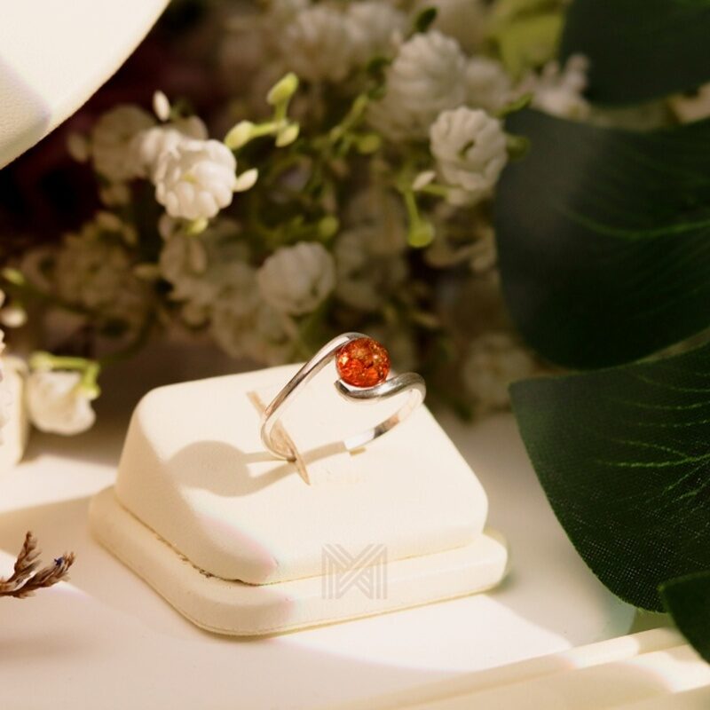 MILLENNE Multifaceted Baltic Amber Bead Silver Ring with 925 Sterling Silver