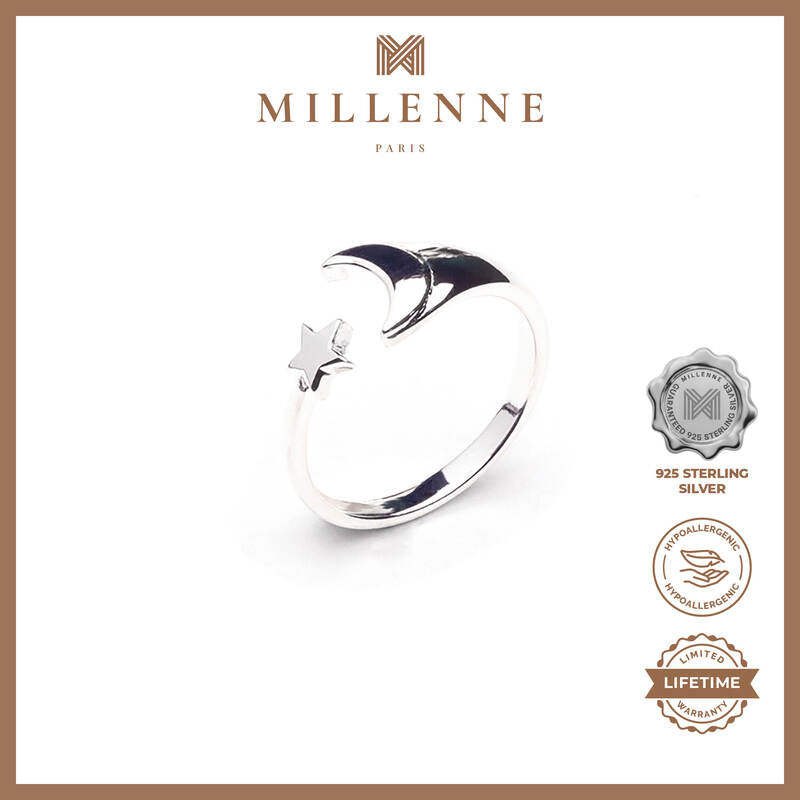 MILLENNE Match The Stars Cresent Moon and Star Silver Adjustable Ring with 925 Sterling Silver