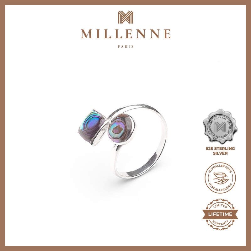 MILLENNE Minimal Abalone Shell Featuring Circle and Square Silver Adjustable Ring with 925 Sterling Silver