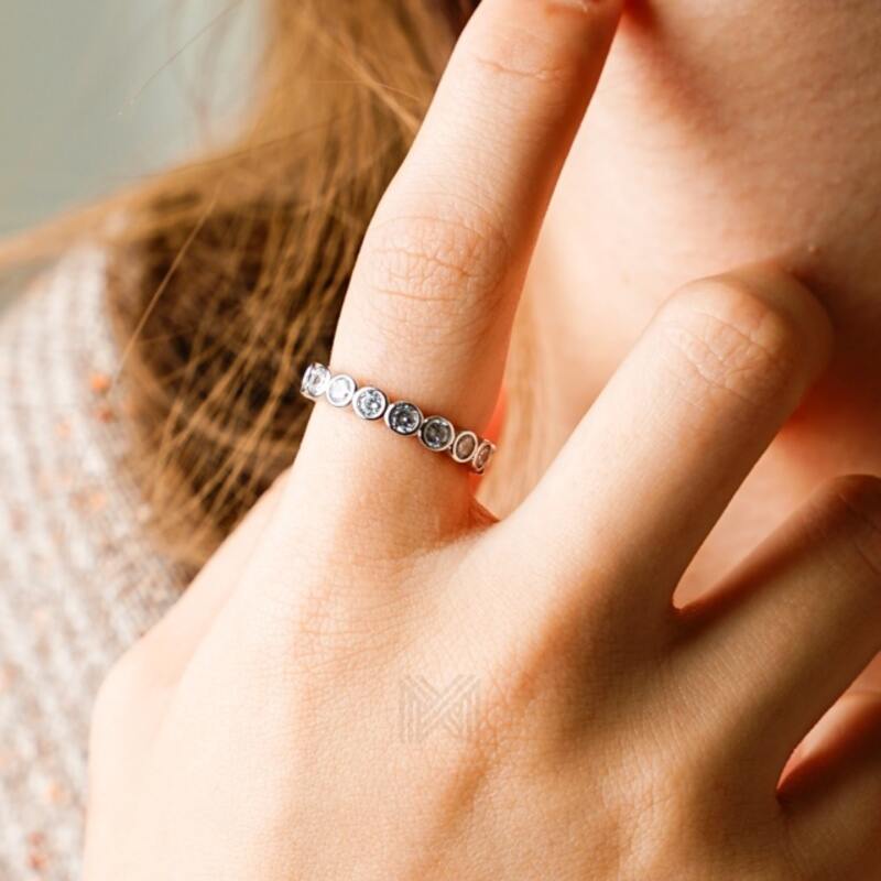 MILLENNE Made For The Night Bezel Set Circular Crustal Cubic Zirconia Rhodium Ring with 925 Sterling Silver