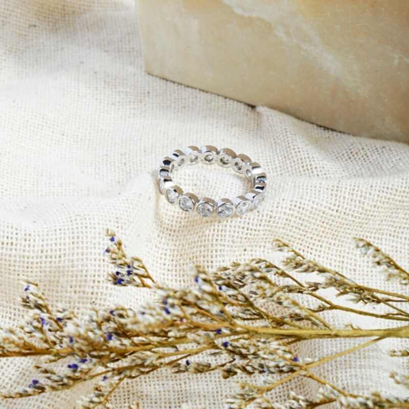 MILLENNE Made For The Night Bezel Set Circular Crustal Cubic Zirconia Rhodium Ring with 925 Sterling Silver