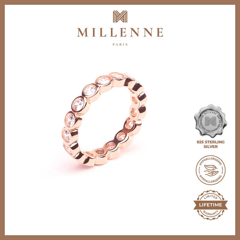 MILLENNE Made For The Night Bezel Set Circular Crustal Cubic Zirconia Rose Gold Ring with 925 Sterling Silver