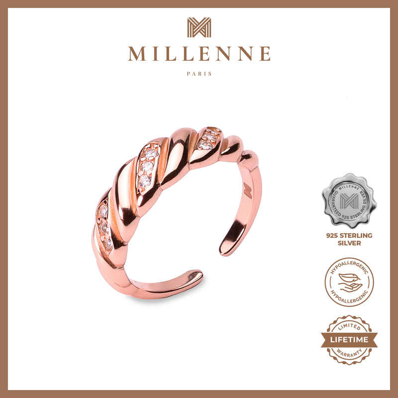 MILLENNE Millennia 2000 Croissant Studded Cubic Zirconia Rose Gold Ring with 925 Sterling Silver