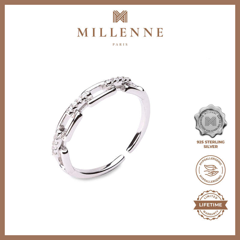 MILLENNE Millennia 2000 Studded Chain Link Cubic Zirconia White Gold Ring with 925 Sterling Silver