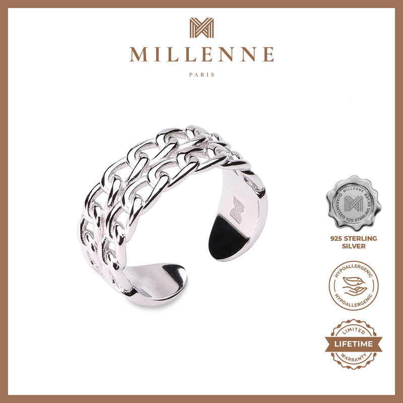 MILLENNE Millennia 2000 Double Chain Link White Gold Ring with 925 Sterling Silver