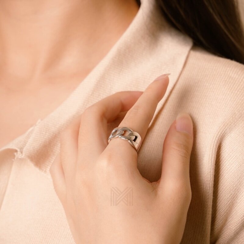 MILLENNE Millennia 2000 Figaro Chain Link White Gold Ring with 925 Sterling Silver