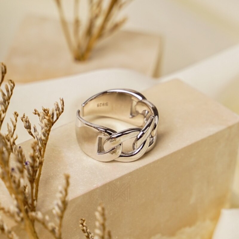 MILLENNE Millennia 2000 Figaro Chain Link White Gold Ring with 925 Sterling Silver