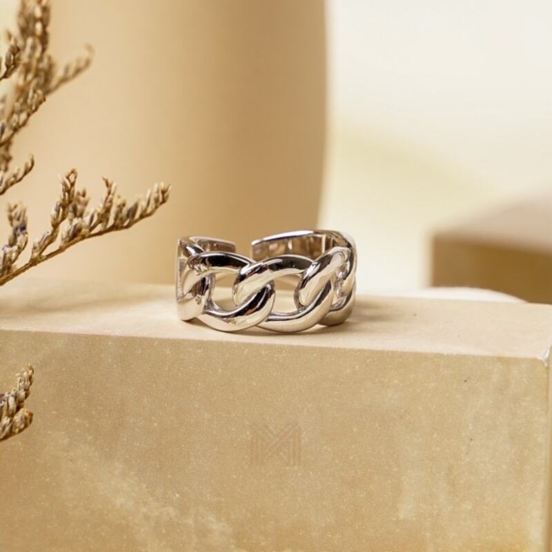 MILLENNE Millennia 2000 Figaro Chain Link White Gold Ring with 925 Sterling Silver