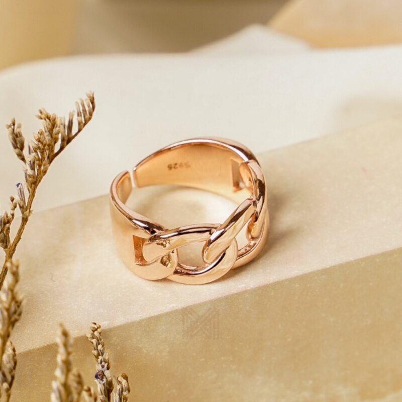 MILLENNE Millennia 2000 Figaro Chain Link Rose Gold Ring with 925 Sterling Silver