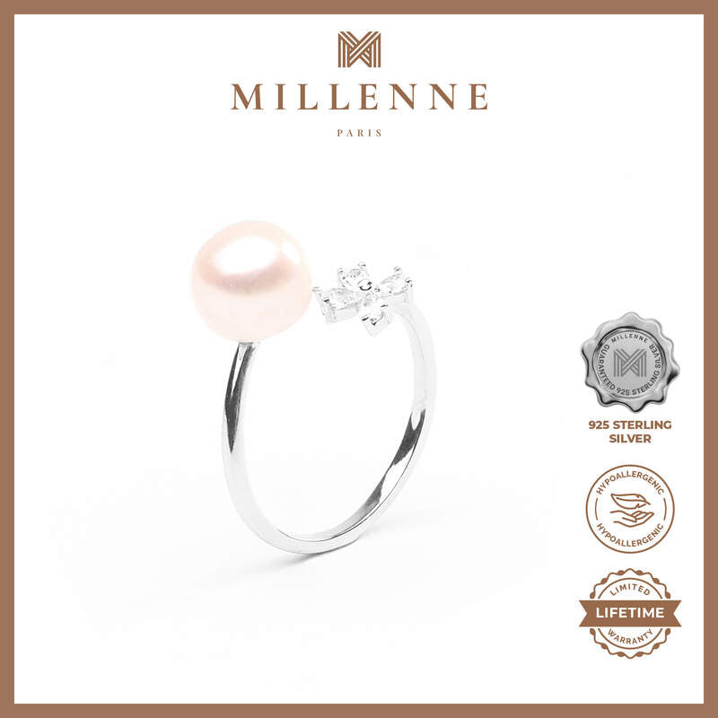 MILLENNE Multifaceted Pearl and 4 Leaf Clover White Gold Adjustable Ring with 925 Sterling Silver