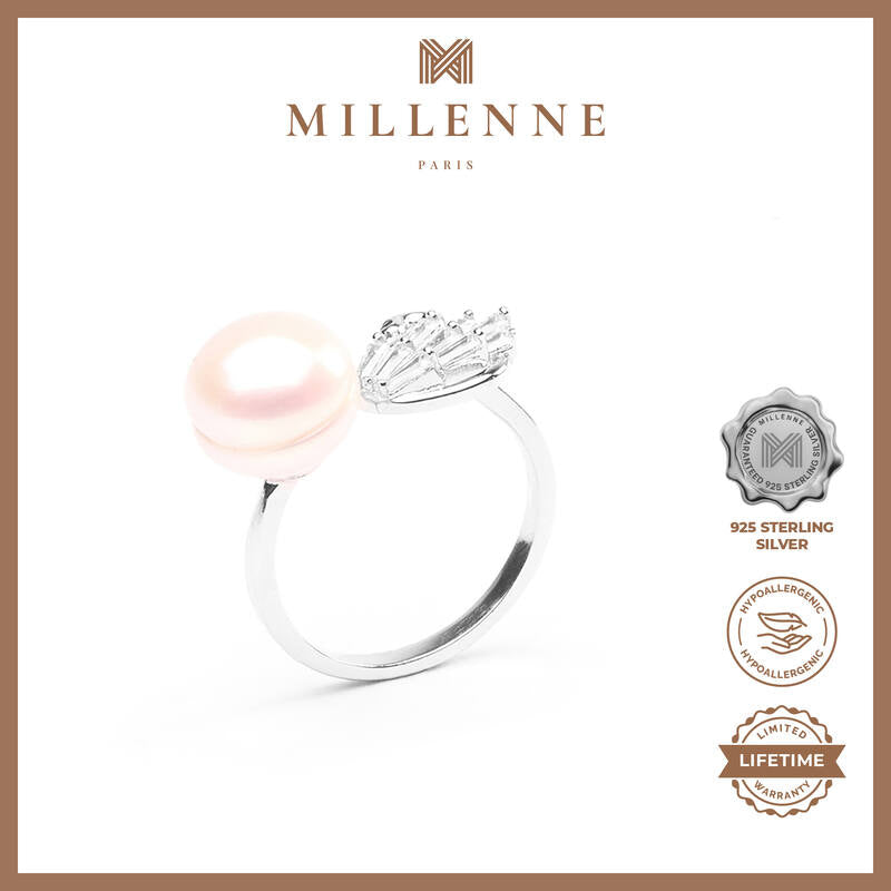 MILLENNE Multifaceted Pearl and Swan White Gold Adjustable Ring with 925 Sterling Silver