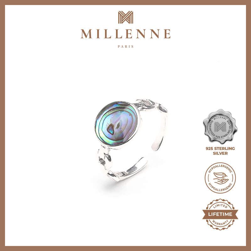 MILLENNE Multifaceted Abalone Shell Disc White Gold Ring with 925 Sterling Silver