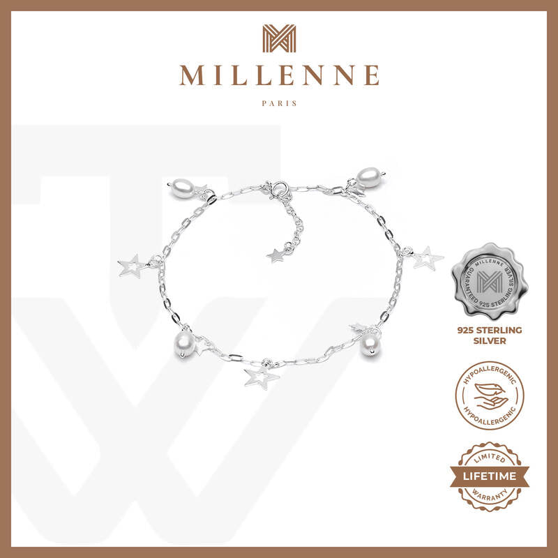 MILLENNE Millennia 2000 Freshwater Pearls Beaded with Star Silver Anklet with 925 Sterling Silver