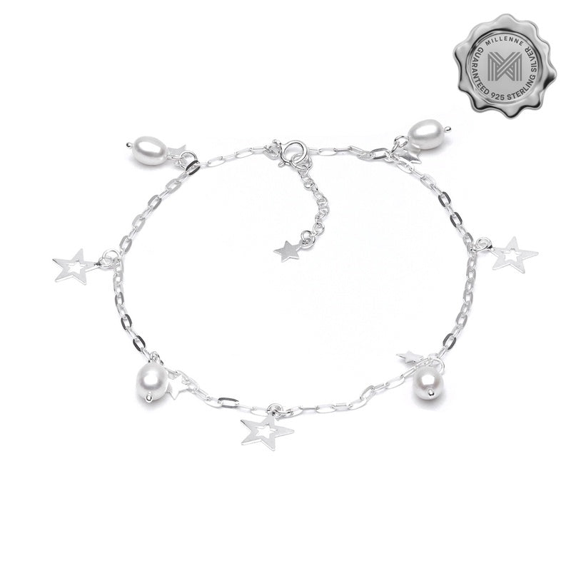 MILLENNE Millennia 2000 Freshwater Pearls Beaded with Star Silver Anklet with 925 Sterling Silver