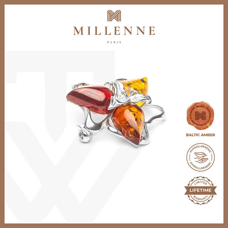 MILLENNE Multifaceted Baltic Amber Triangle Composition Silver Brooch with 925 Sterling Silver