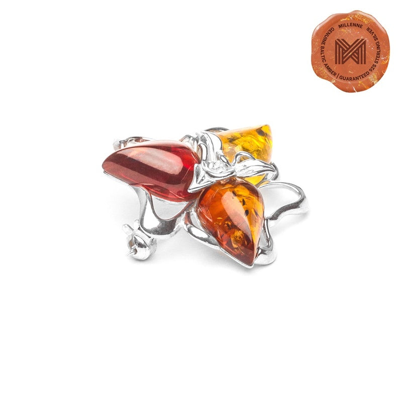 MILLENNE Multifaceted Baltic Amber Triangle Composition Silver Brooch with 925 Sterling Silver