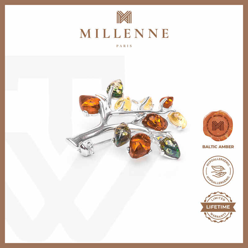 MILLENNE Multifaceted Baltic Amber Colours of Fall Silver Brooch with 925 Sterling Silver