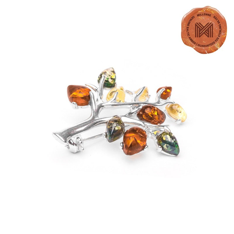 MILLENNE Multifaceted Baltic Amber Colours of Fall Silver Brooch with 925 Sterling Silver