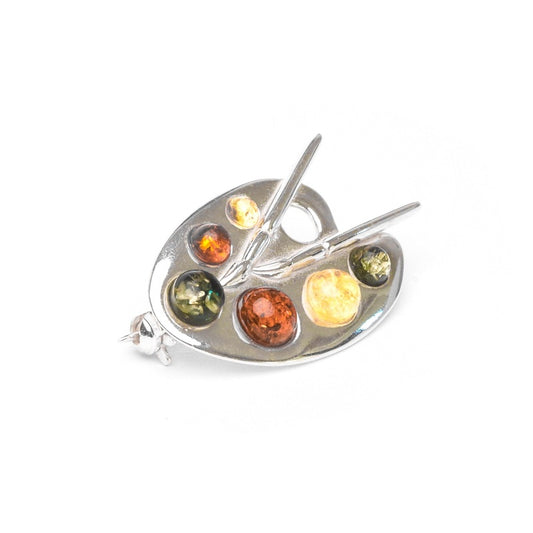 MILLENNE Multifaceted Baltic Amber Artist Pallette Silver Brooch with 925 Sterling Silver