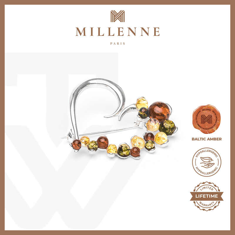 MILLENNE Multifaceted Baltic Amber Assymmetric Heart Silver Brooch with 925 Sterling Silver