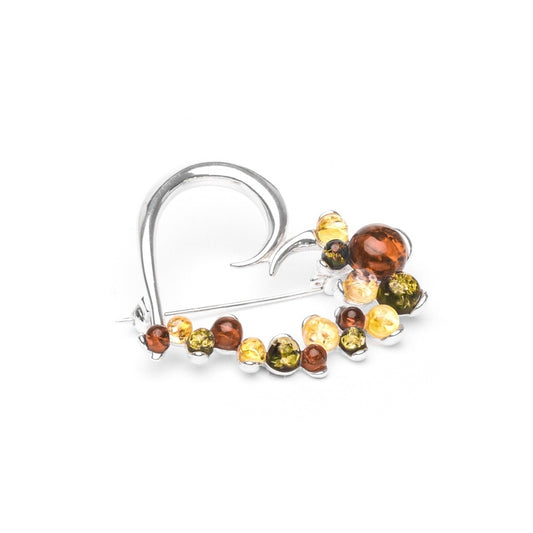 MILLENNE Multifaceted Baltic Amber Assymmetric Heart Silver Brooch with 925 Sterling Silver