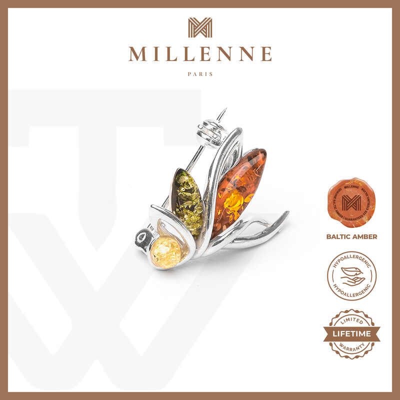 MILLENNE Multifaceted Baltic Amber Fairy Silver Brooch with 925 Sterling Silver