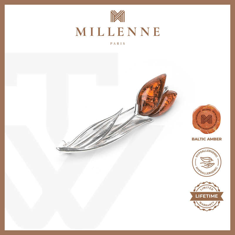 MILLENNE Multifaceted Baltic Amber Tulip Silver Brooch with 925 Sterling Silver