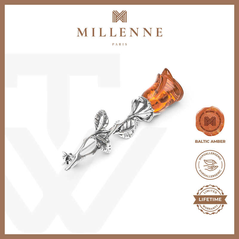 MILLENNE Multifaceted Baltic Amber Rose Silver Brooch with 925 Sterling Silver