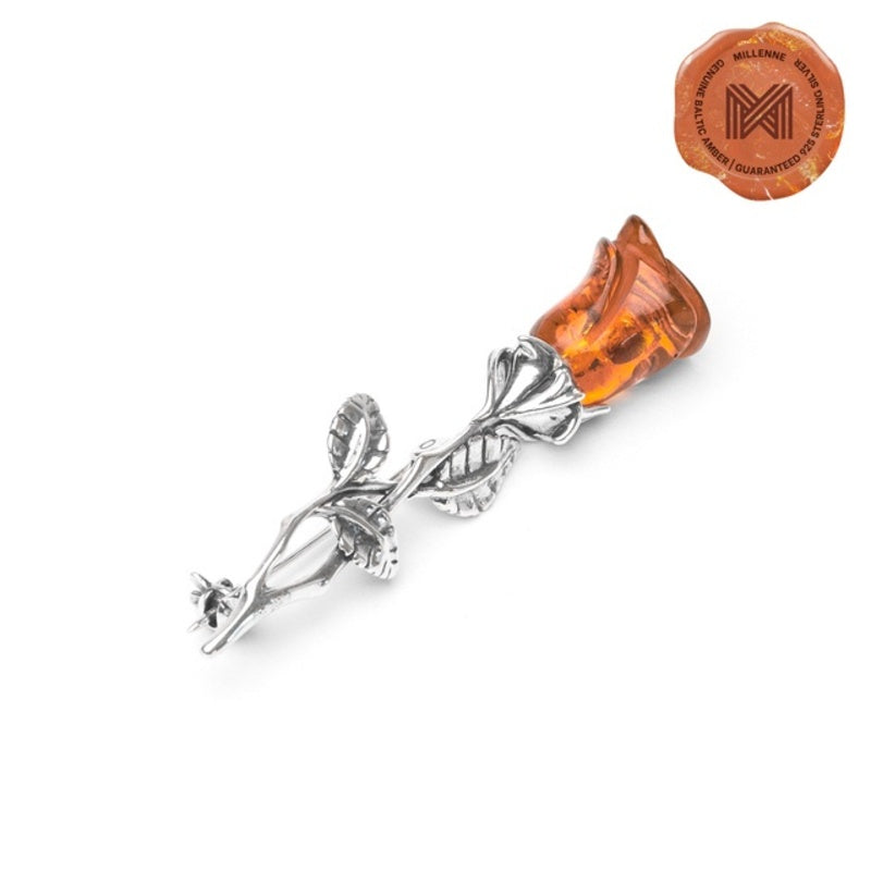 MILLENNE Multifaceted Baltic Amber Rose Silver Brooch with 925 Sterling Silver