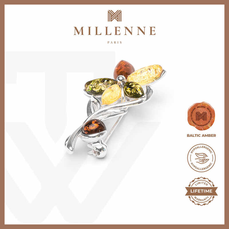 MILLENNE Multifaceted Baltic Amber Fresh Flower Silver Brooch with 925 Sterling Silver