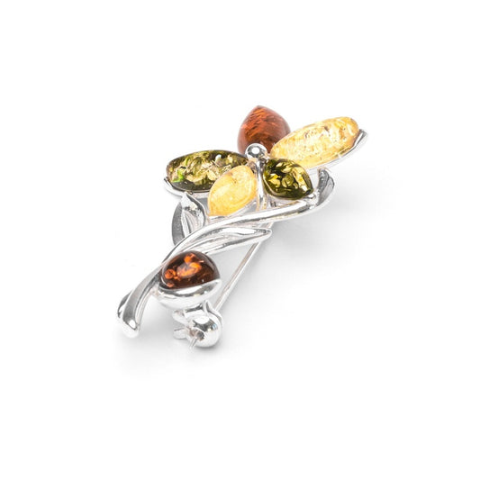 MILLENNE Multifaceted Baltic Amber Fresh Flower Silver Brooch with 925 Sterling Silver