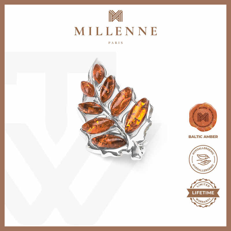 MILLENNE Multifaceted Baltic Amber Fall Leaf Silver Brooch with 925 Sterling Silver