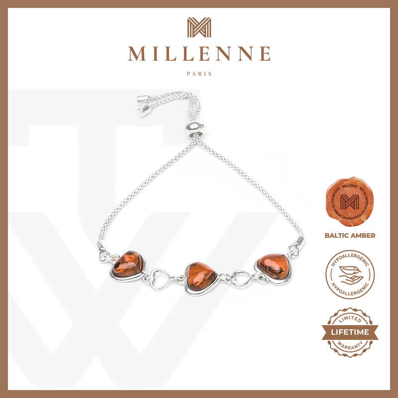 MILLENNE Multifaceted Baltic Amber Hearts Drawstring Silver Bracelet with 925 Sterling Silver