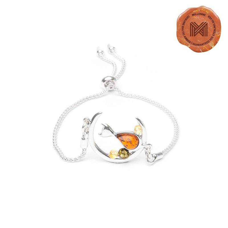 MILLENNE Multifaceted Baltic Amber Fish Underwater Drawstring Silver Bracelet with 925 Sterling Silver