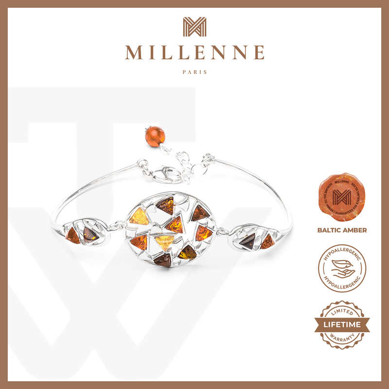 MILLENNE Multifaceted Baltic Amber Mulitple Studded Circular Silver Bracelet with 925 Sterling Silver