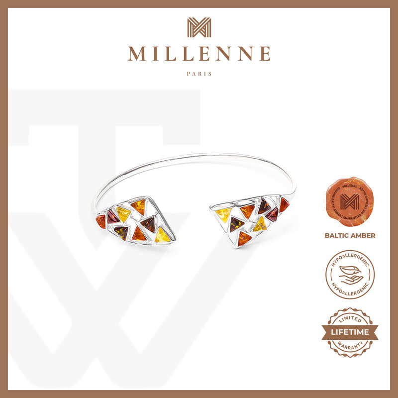 MILLENNE Multifaceted Baltic Amber Mulitple Studded Dual Triangle Open Silver Adjustable Bracelet with 925 Sterling Silver