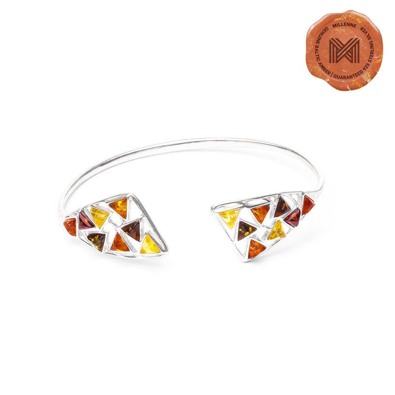 MILLENNE Multifaceted Baltic Amber Mulitple Studded Dual Triangle Open Silver Adjustable Bracelet with 925 Sterling Silver